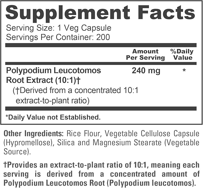 NusaPure Polypodium Leucotomos Capsules 240 mg 200 Veg Capsules (Non-GMO Vegan)