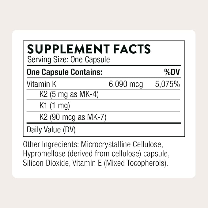 THORNE - Vitamin K - Vitamins K1 and K2 (as MK-4 and MK-7) Capsule Supplement - Supports Strong Bones* - Clinically Studied Ingredients - Third-Party Certified - Gluten Dairy &amp Soy-Free - 60 Caps