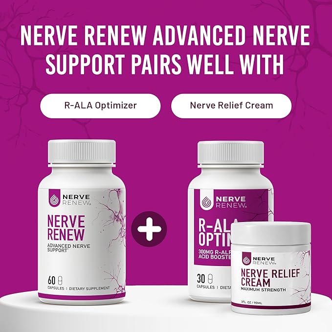 NERVE RENEW Advanced Nerve Support Supplement - 300mg Stabilized R-Alpha Lipoic Acid Vitamin B Complex Benfotiamine Herbs for Fast-Acting Support - 60 ct