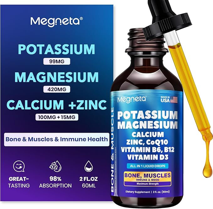 Potassium Magnesium Calcium Zinc Liquid Complex – Chelated Minerals with D3 B6 B12 &amp CoQ10 for Superior Absorption Heart Bone Muscle Sleep &amp Anti-Aging Support 2 Fl Oz(60ml)