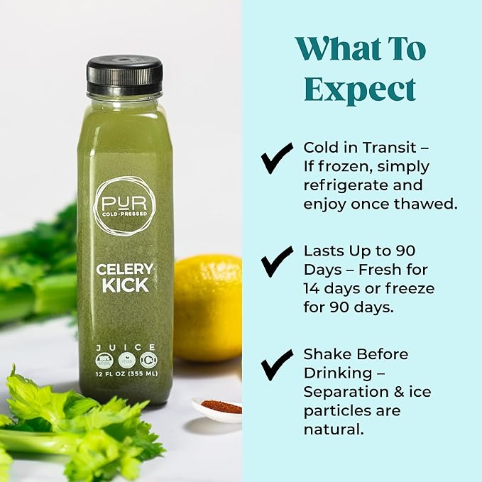 PUR Cold-Pressed Juice – Celery Kick 18 Pack – Celery Juice Lemon Ginger Cayenne and Himalayan Salt – Invigorating Drink Supports Wellness Digestion &amp Cleanse Days – Raw Pressed at Source