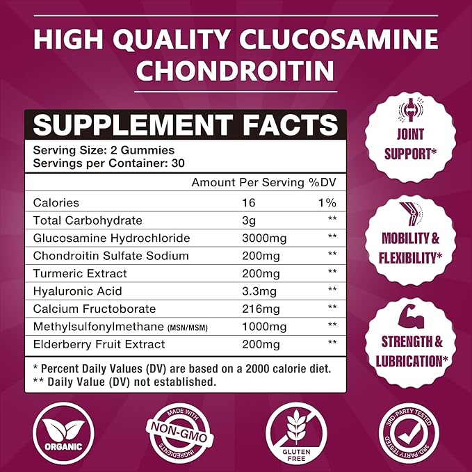 3 Packs 3000MG Glucosamine Chondroitin Gummies Extra Strength Joint Support Supplement with MSM &amp Elderberry Flexibility Antioxidant Immune Support Gummy for Adults Men &amp Women 180Cts