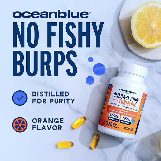 Oceanblue 2100 Triple Strength Omega-3 Fish Oil with Turmeric | Burpless Omega 3 Combo Supplement with Curcumin EPA DHA DPA| Heart and Joint Support | 60 Softgels