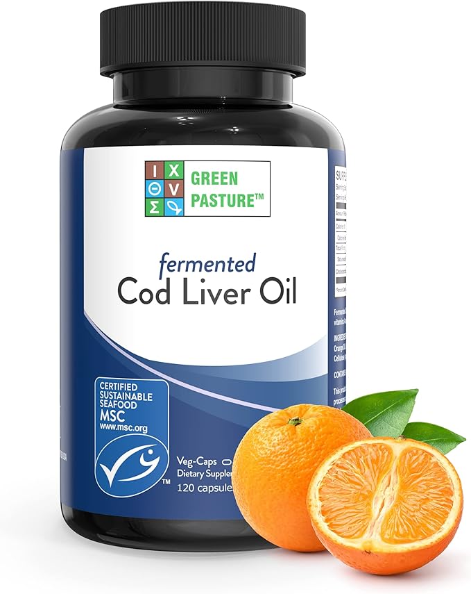 Green Pasture Fermented Cod Liver Oil - Orange Flavor Wild Alaska Cod Vitamins A &amp D Omega-3-6-9 MSC Certified 120 Capsules