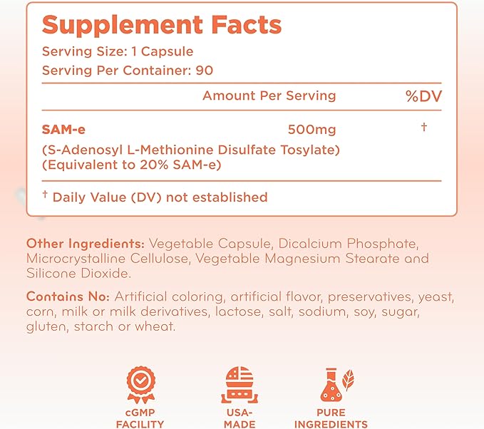 Extra Strength SAMe 500mg - Easy Absorption 500mg S-Adenosyl-L-Methionine SAM e Supplement - Gentle Joint Bone and Mood Support Supplement for Men and Women - Made in a cGMP US Lab (90 Servings)