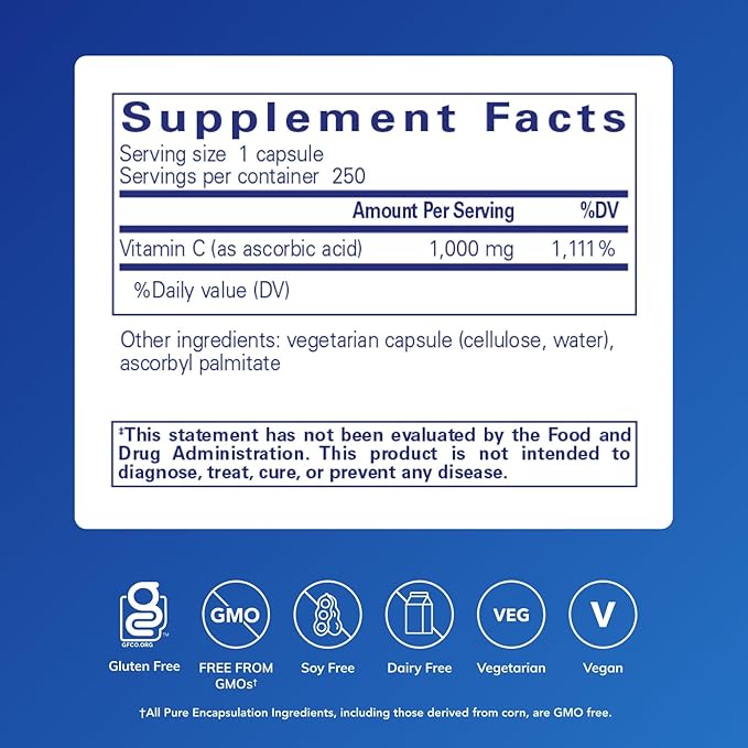 Pure Encapsulations Ascorbic Acid Capsules - 1000 mg Vitamin C - Antioxidant &amp Immune Support* - High-Potency Vitamin C - Vegan &amp Non-GMO - 250 Capsules
