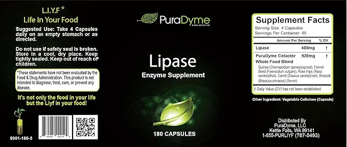 PuraDyme Lipase Enzyme 180 Capsules Digestive Enzyme (1)