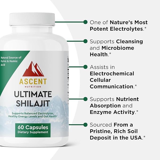 Ascent Nutrition Ultimate Shilajit | Natural Source of Fulvic &amp Humic Acid | Supports Balanced Electrolytes Healthy Energy Levels and Gut Health | 60 Capsules