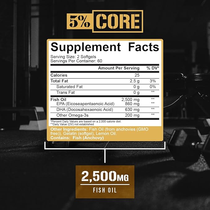 5% Nutrition Core Fish Oil Supplement | 2500 mg EPA DHA Omega 3 Fatty Acid Supplement | Burpless Fish Oil for Faster Recovery Joint Support Heart Health (60 Servings / 120 Softgels)
