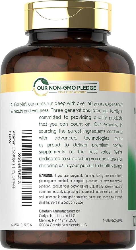 Carlyle Vitamin E 1000 IU Softgels | with Mixed Tocopherols | 120 Pills | Naturally Sourced Supplement | Non-GMO and Gluten Free Formula