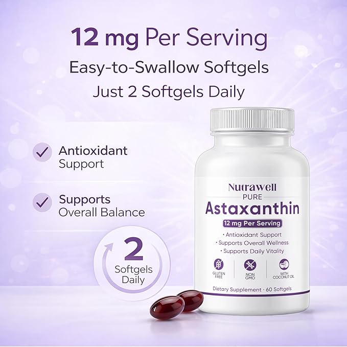 NutraWell Astaxanthin 12mg with Coconut Oil Antioxidant Support Supplement Non-GMO Gluten Free 60 Softgels
