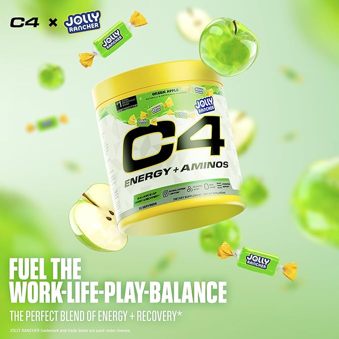 C4 Energy + Aminos Powder Jolly Rancher Green Apple 5g BCAAs &amp EAAs for Muscle Recovery 3 Electrolytes for Hydration 100mg Natural Caffeine Pre Workout Zero Sugar 30 Servings