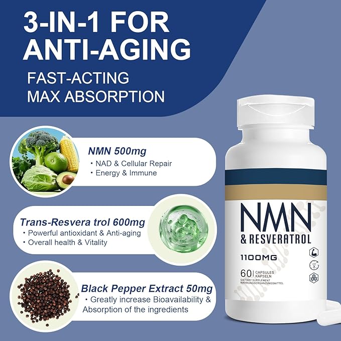 1100mg NMN &amp Trans-Resveratrol 3-in-1 Supplement 60 Veggie Capsules – Supports NAD+ Boost* Cellular Energy Immune Function Muscle Health &amp Anti-Aging 30-Day Supply