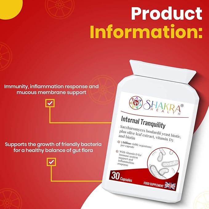Internal Tranquility Saccharomyces Boulardii Probiotic Yeast Support 30 Capsules for Immunity Inflammation &amp Mucous Membrane. for Healthy Gut Blood Calcium Bones Muscle Teeth &amp Organs