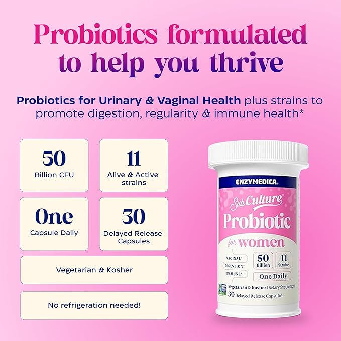 Enzymedica SubCulture Probiotics for Women 50 Billion CFU Vaginal &amp Urinary Health Immune and Digestive Support 30 Capsules Pack of 2