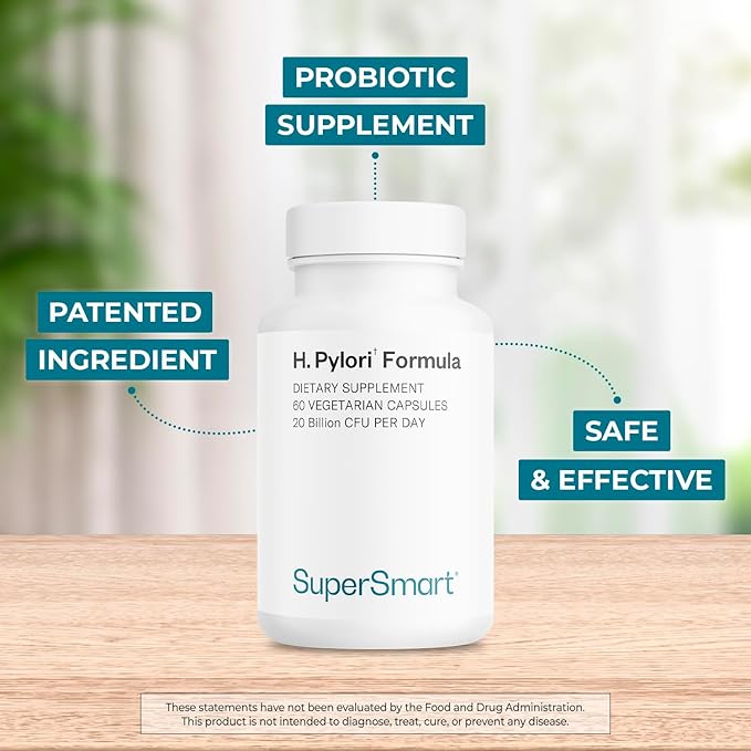 Supersmart H. Pylori Formula 20 Billion CFU per Day - Natural Probiotic Lactobacillus Reuteri DSM 17648 Supplement | Non-GMO &amp Gluten Free - 60 Vegetarian Capsules