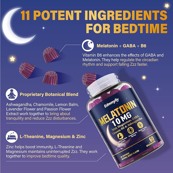 Melatonin 10mg 20mg Gummies for Adults - 10mg of Melatonin Per Gummy with Magnesium L-Theanine GABA Vitamin B6 &amp Ashwagandha - Supports Health Circadian Rhythm Sugar Free &amp Vegan