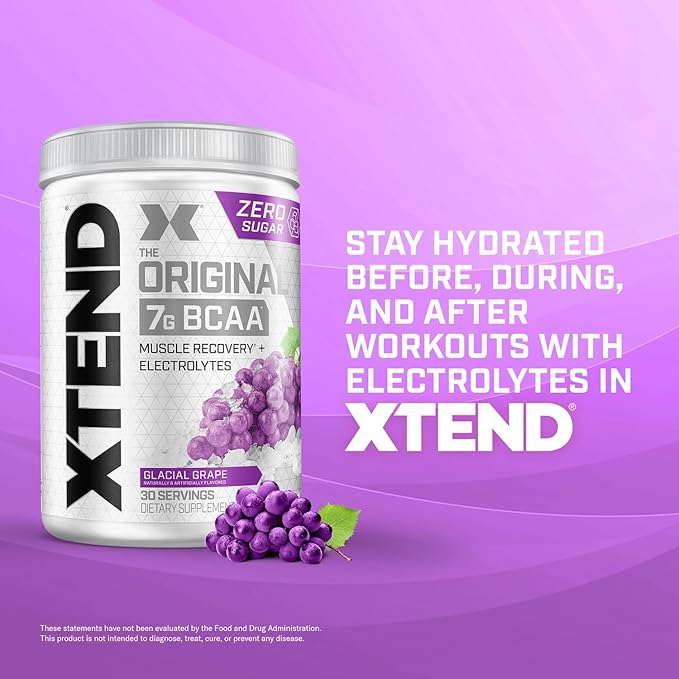 Xtend Original BCAA Powder 7g BCAAs and 2.5g L-Glutamine for Muscle Recovery Hydration and Lean Muscle Sugar Free Intra and Post Workout Drink with Electrolytes Glacial Grape 30 Servings