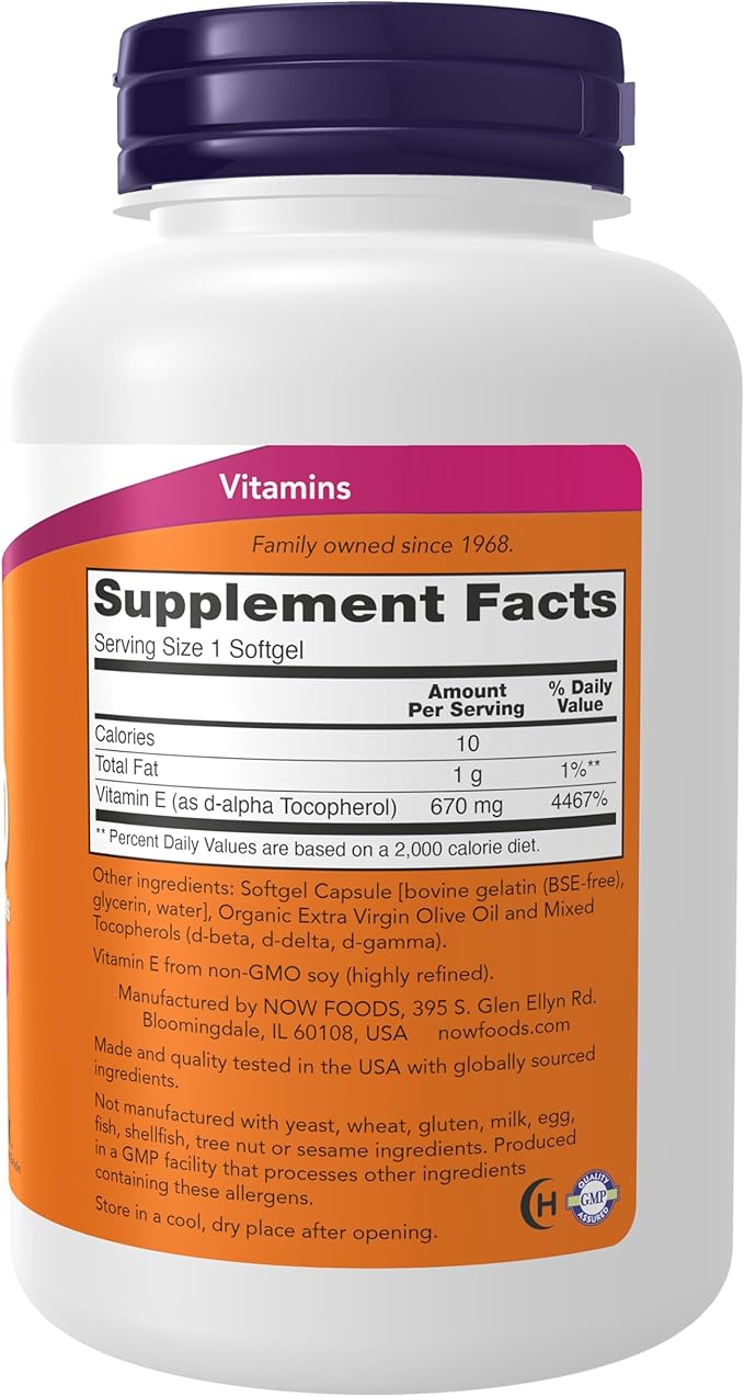 NOW Foods Supplements Vitamin E-1000 IU Mixed Tocopherols Antioxidant Protection* 100 Softgels
