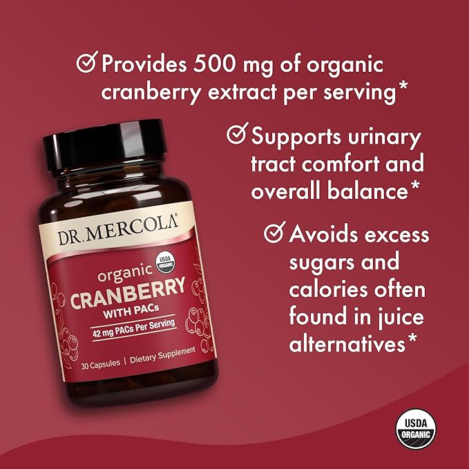 Dr. Mercola Organic Cranberry with PACs - Organic Cranberry Supplement for Urinary Tract Wellness* - Potent Antioxidants for Oxidative Stress Support* - Non-GMO Gluten-Free Soy-Free - 30 Capsules