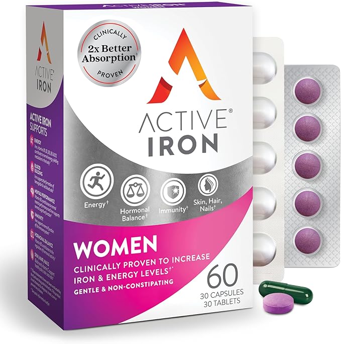 Active Iron Supplement 25mg + Multivitamin for Women Clinically Proven to Increase Iron &amp Energy Levels Maximum Absorption Gentle Non-Constipating 30 Capsules + 30 Tablets in On-the-Go Foil P