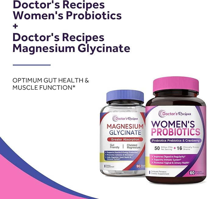 Doctor's Recipes Probiotics and Magnesium Glycinate Bundle - Optimum Gut Health &amp Muscle Function Support for Men &amp Women