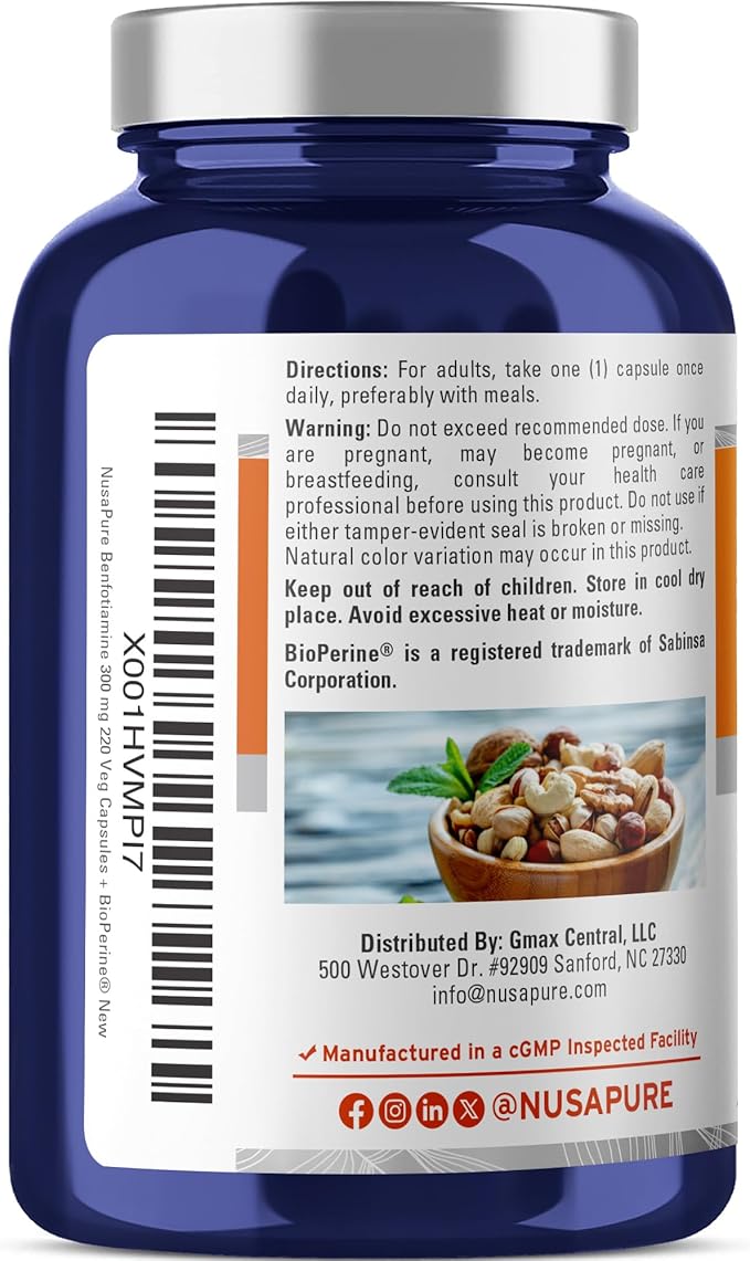 NusaPure Benfotiamine 300mg Per Veggie Caps 220 Count (Non-GMO Vegan) Bioperine