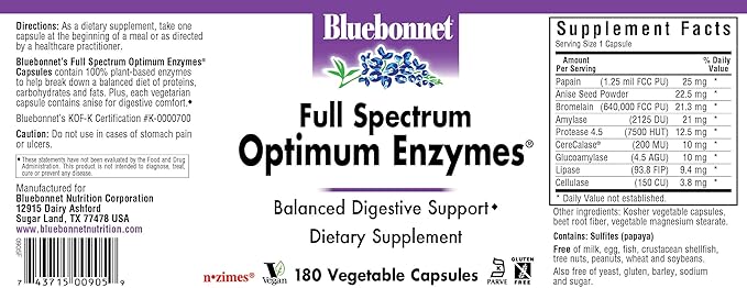 BlueBonnet Full Spectrum Optimum Digestive Enzymes - 9 Plant-Based Proteolytic Enzymes - Papaya Bromelain Amylase Gut Health for Women &amp Men - Vegan &amp Gluten-Free - 180 Vegetable Capsules