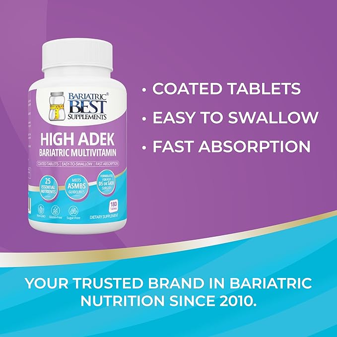 High ADEK Bariatric Multivitamin | DS SADI &amp BPD/DS Surgery | Fat-Soluble Vitamins A D E K | 25 Essential Nutrients | ASMBS Compliant | Made in USA | 180 Tablets — 3 Month Supply