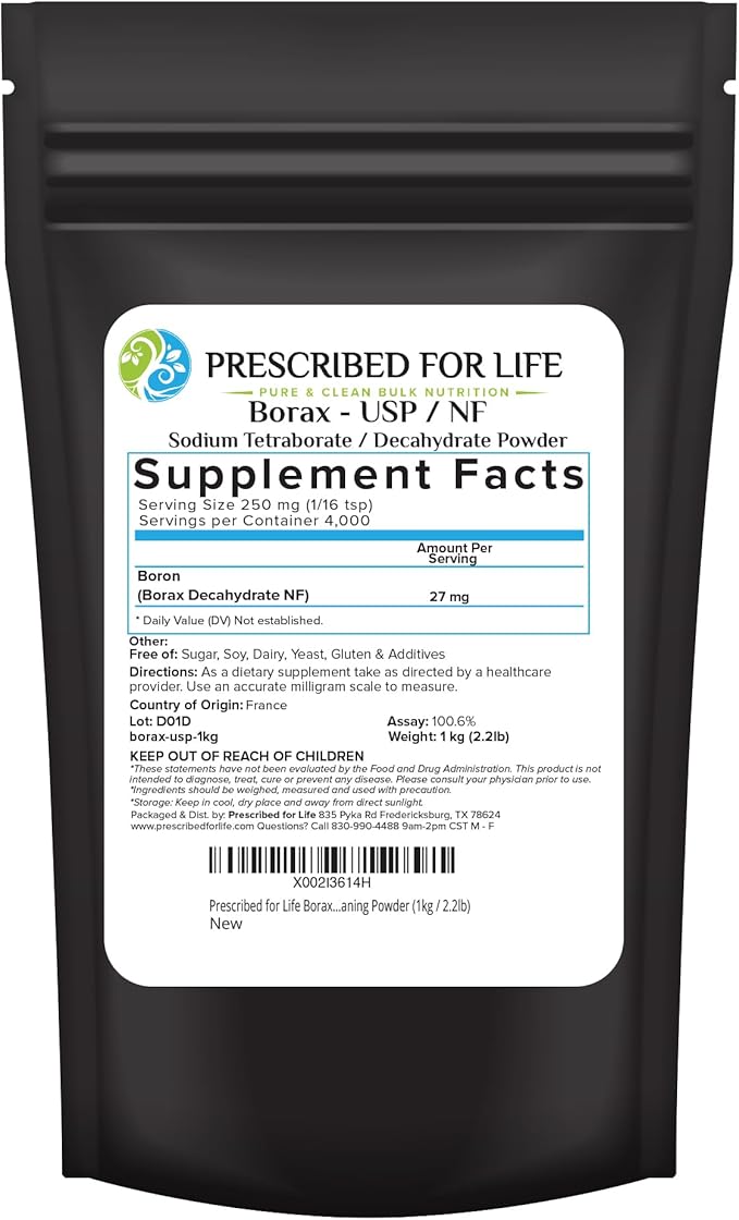 Prescribed for Life Borax Powder Pure USP NF Grade All Natural Sodium Borate Powder Household Laundry Booster Slime Activator &amp Multipurpose Cleaning Powder (1kg / 2.2lb)