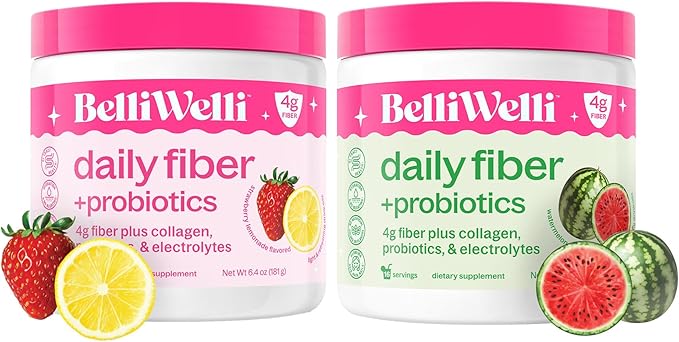 Belli Welli Daily Fiber Supplement Bundle - Strawberry Lemonade &amp Watermelon - Collagen Probiotics &amp Electrolytes for Balanced Wellness - Refreshing Flavors 32 Servings Total