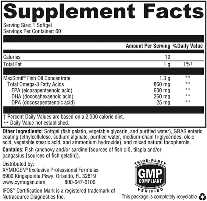 XYMOGEN Omega MonoPure 1300 EC - Heart &amp Brain Support - DHA &amp EPA Omega-3 Fish Oil - Monoglyceride High Absorption Softgels - Enteric Coated - 60 Softgels
