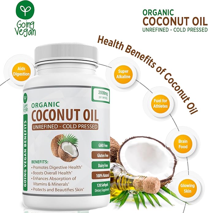 Organic Coconut Oil Capsules 2000mg - 100% Extra Virgin Cold Pressed for Healthy Skin Extra Hair Growth Nail Care Brain Booster - 120 Softgels - Unrefined Pure &amp Non GMO Pills - Rich in MCT