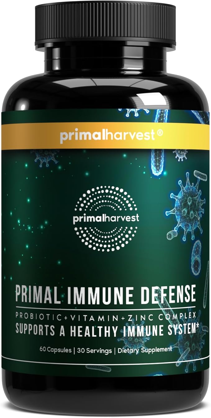 Primal Harvest Immune Defense 10-in-1 Supplement with Probiotics Zinc and Vitamins C D3 K2 B6 Daily Immune Support for Adults