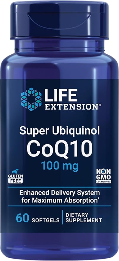 Life Extension Super Ubiquinol CoQ10 Heart Health Supplement Cell Energy oxidative Stress Defense Maximum Absorption 100 mg Non-GMO Gluten-Free 60 softgels