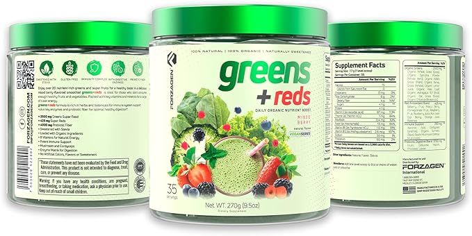 Forzagen Vegan Greens &amp Reds Superfood Powder - Organic Super Greens Powder | Premium Veggie Powder Supplement | 35 Servings Reds and Greens Superfood Powder