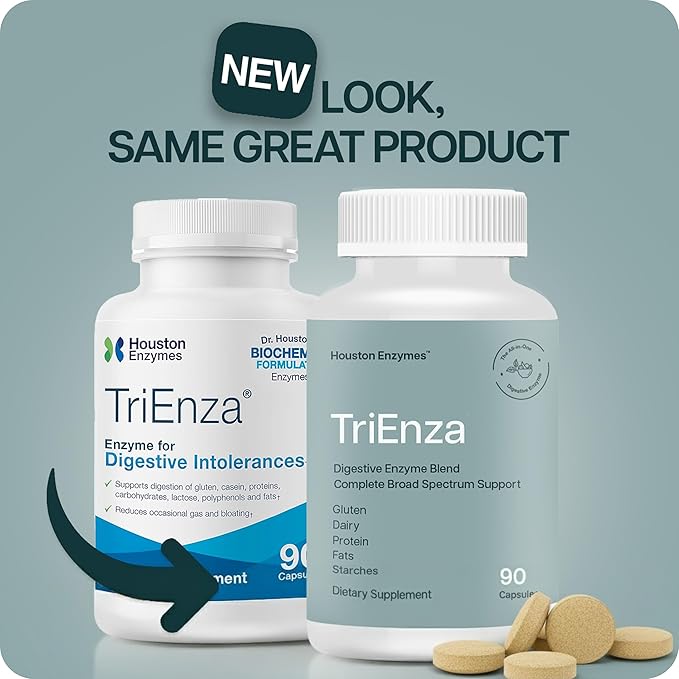 Houston Enzymes TriEnza - Digestive Enzyme Supplement for Gluten Casein Soy Proteins Carbohydrates Fats &amp Polyphenols - Digestive Enzymes for Women &amp Men (180 Chewable Tablets)