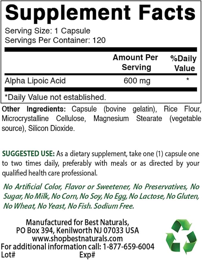 Best Naturals Acetyl L-Carnitine 500 Mg &amp Alpha Lipoic Acid 600 mg