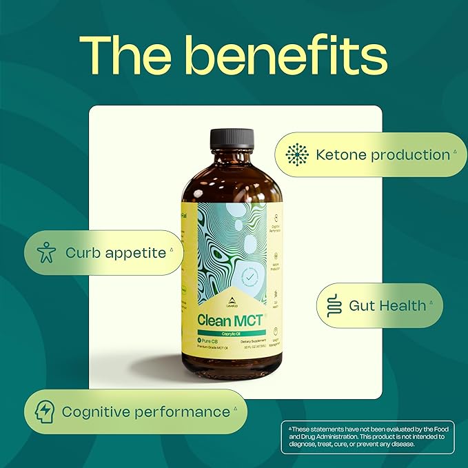 LevelUp C8 MCT Oil – 100% Pure Caprylic Acid (from Coconut) for Clean Energy &amp Focus – Keto-Friendly MCT Oil for Coffee – Non-GMO (Glass Bottle 16 oz)