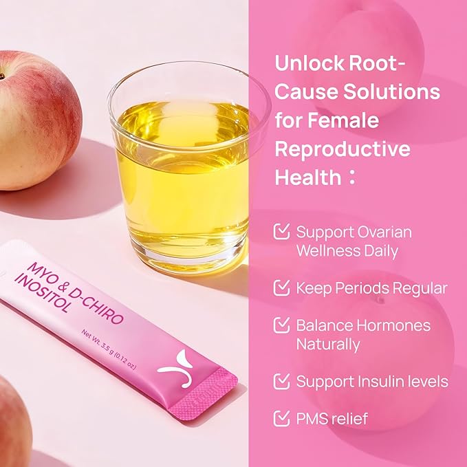 Gynable Pregina Myo-Inositol &amp D-Chiro Inositol Powder for Women - PCOS Fertility Support Hormonal Balance Regular Cycles | Patented Active Folic Acid Vegan Gluten-Free (30 Servings Peach)