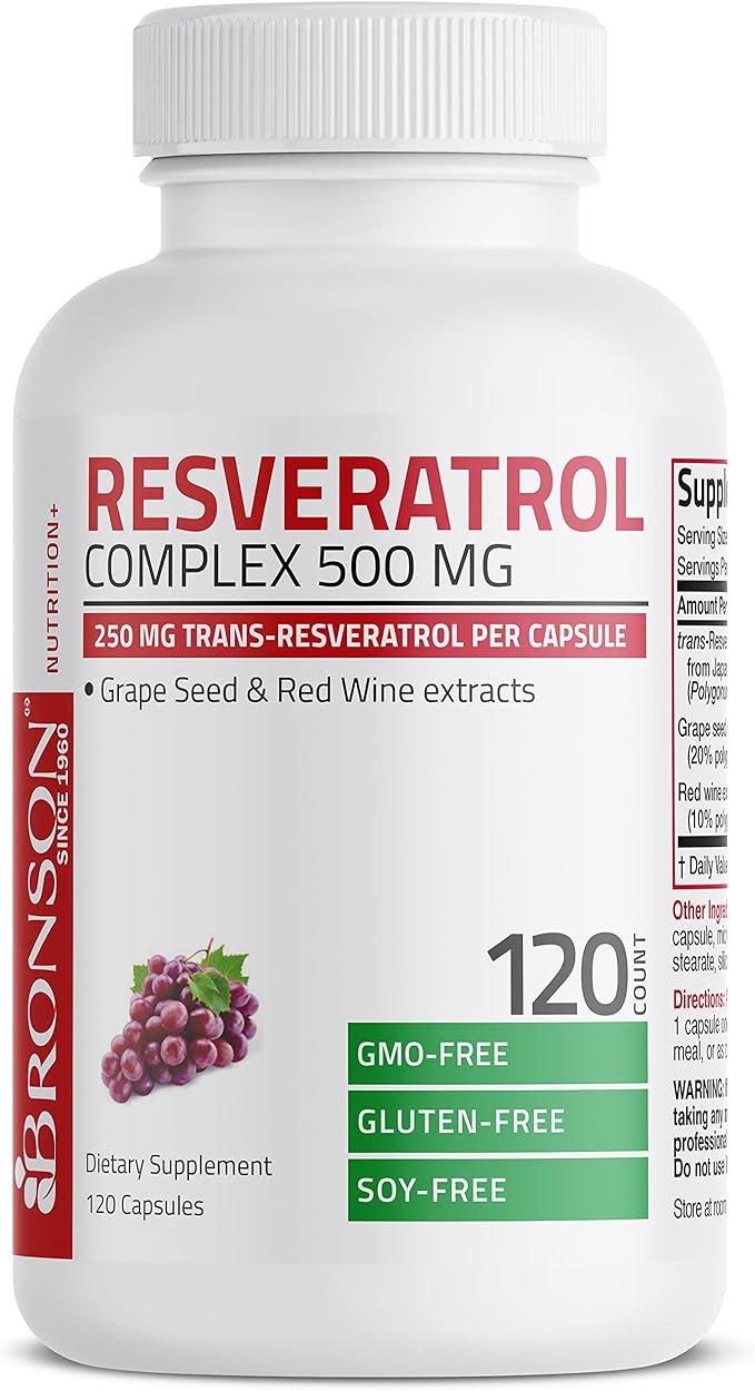 Bronson Resveratrol 500 Complex Standardized Trans-Resveratrol + Grape Seed &amp Red Wine Extract 120 Capsules
