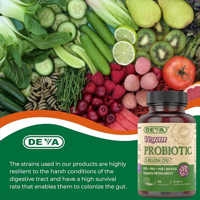 DEVA Vegan Probiotic Supplement - Pre Pro and Postbiotics for Digestive Health 5 Billion CFU Soil-Based Spore-Forming Dairy Free FOS Prebiotics for Women and Men Vegan Capsules 90 Count