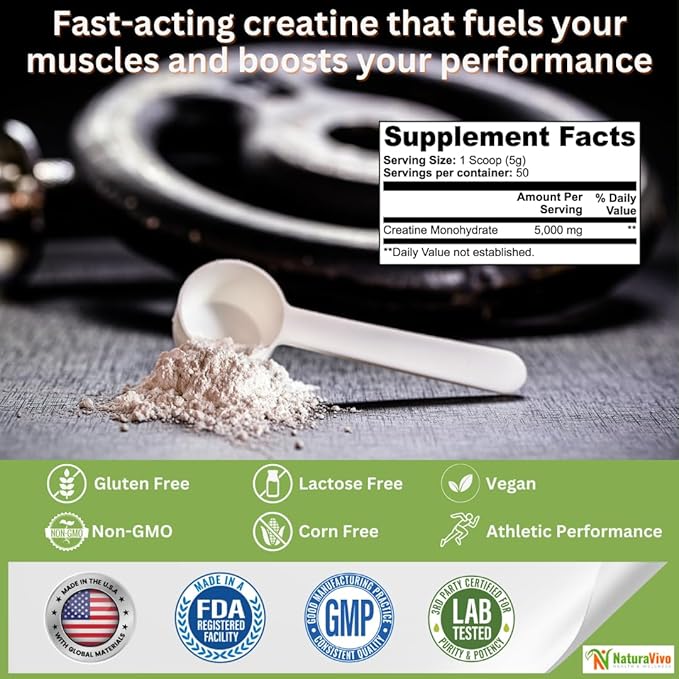 Creatine Monohydrate Powder – 5000mg per Serving – Supports Lean Muscle Growth Energy Cognitive Function Muscle Strength Athletic Performance 100% Pure Supplement - 50 Servings Unflavored