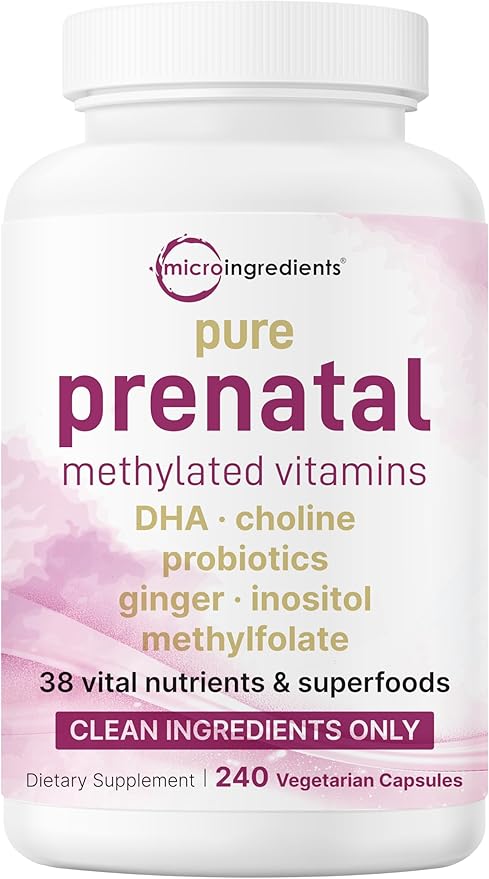 Micro Ingredients Prenatal Vitamins for Women | 38-in-1 with Folate DHA Choline Iron Probiotics Inositol &amp Vitamin C D B Complex | No Fillers | 240 Veggie Capsules