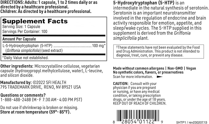 Klaire Labs SFI Health 5-HTP 100 mg - Hypoallergenic 5-HTP from Griffonia Seed Extract - Hydroxytryptophan Serotonin Support Supplement to Promote Mood (100 Capsules)