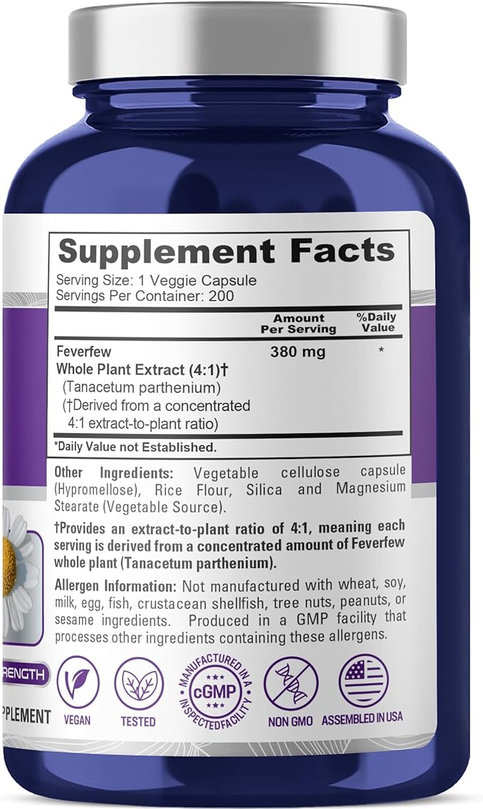 NusaPure Feverfew Capsules 380 mg 200 Veg Capsules (Non-GMO Gluten Free)