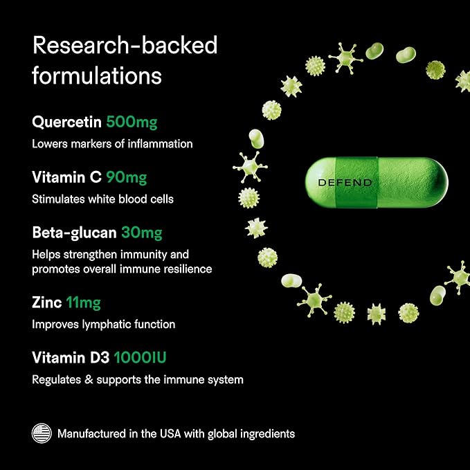 Tally Health Defend - Immune Support &amp Longevity Supplement Vegan Non-GMO with Quercetin Vitamin C Beta-glucan Zinc Vitamin D3-60 Capsules 30-Day Supply