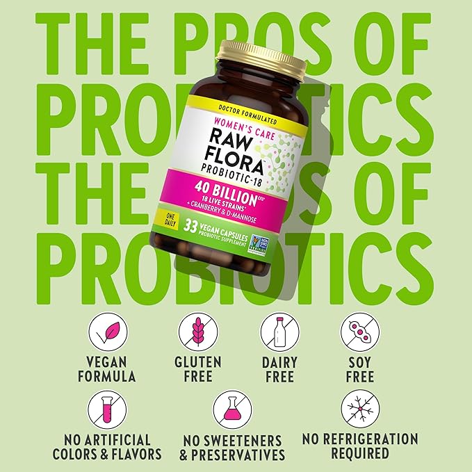 Raw Flora Women's Probiotics | Dr. Formulated 40 Billion CFU + Prebiotics | Digestive Vaginal &amp Urinary Support | 33 Vegan Capsules with Cranberry &amp D-Mannose | Shelf Stable