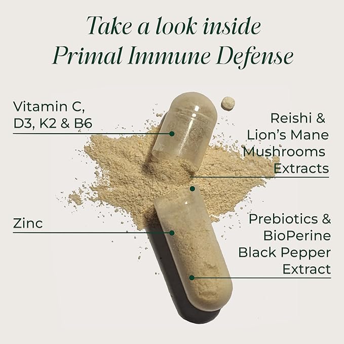 Primal Harvest Primal Immune Defense: 10-in-1 Immune Support with Probiotics Zinc Vitamins C B6 D3 &amp K2 Immune Booster for Adults 60 Capsules (2-Pack)