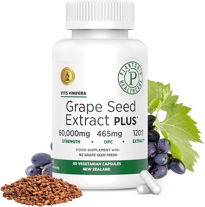 Grape Seed Extract Plus-Vitis Vinifera (60 Capsules)-60000 mg Strength 60 Vegan Capsules 465mg Polyphenols (Proanthocyanidins) Potent 120:1 2 Month Supply Non-GMO and All-Natural